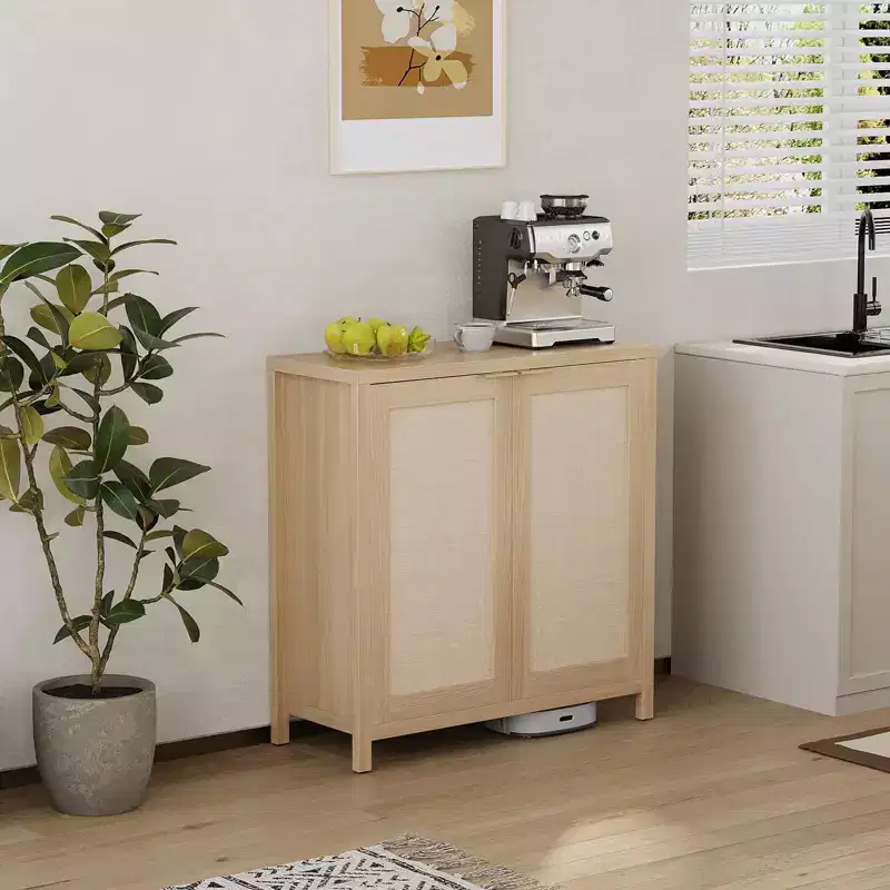 Sideboard, 2 Piece Rattan Buffet Cabinet with Adjustable Shelves, Freestanding Boho Storage for Kitchen, Living Room, Natural