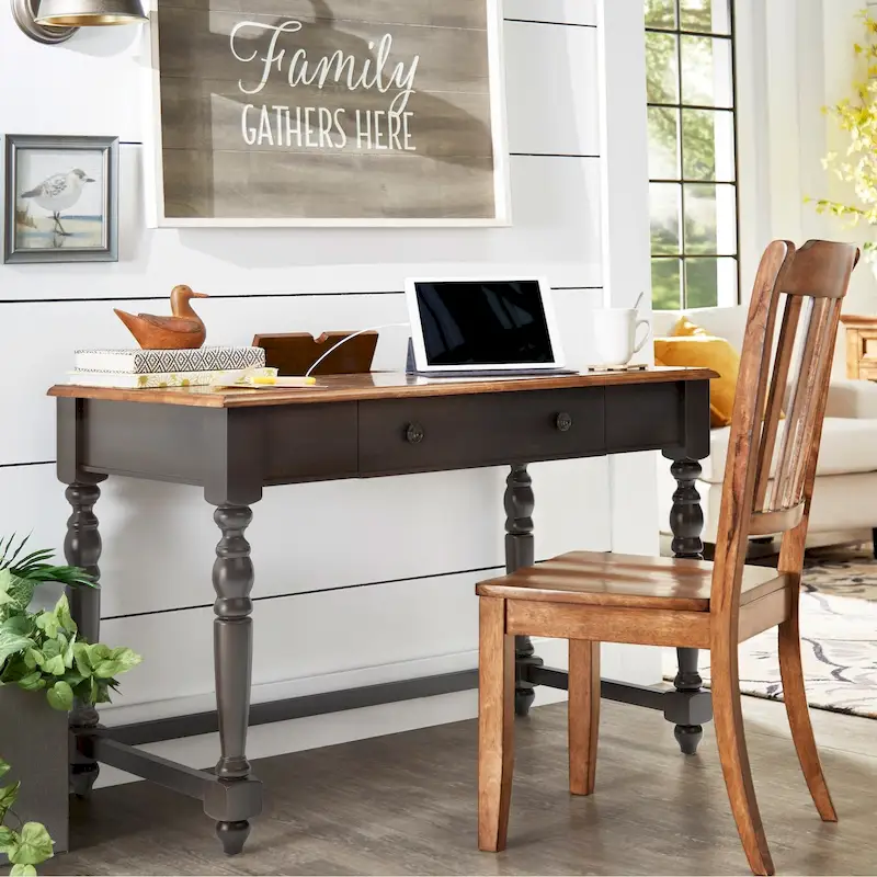 Antique 1-Drawer Desk with USB Charging Station, Single, Antique Black / Grey / White