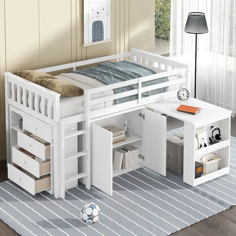 Twin Loft Bed with Pull-Out Desk, 2 Cabinets, 4 Drawers & Shelves