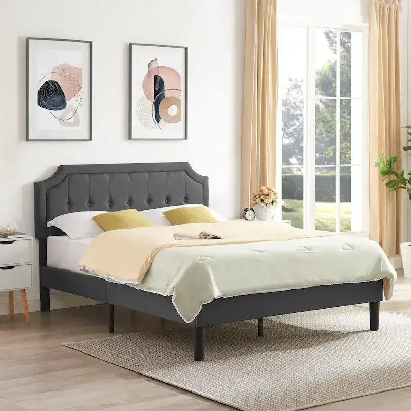 Modern Upholstered Platform Bed Frame with Adjustable Headboard – Beige / Blue / Grey, Twin / Full / Queen, Sleeps 1–2