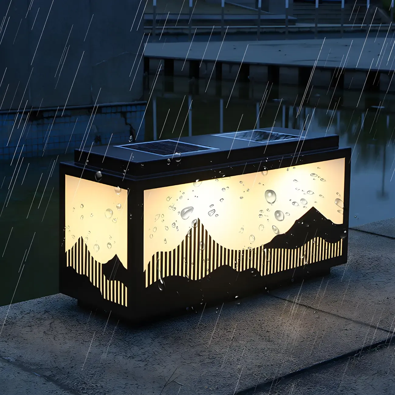 Rectangle Mountain Silhouette Solar Outdoor Post Lights