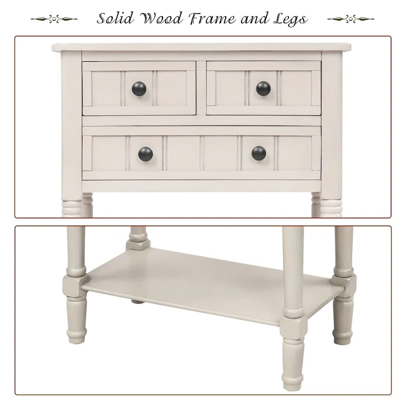 Narrow Console Table with 3 Drawers and Shelf - Distressed Finish