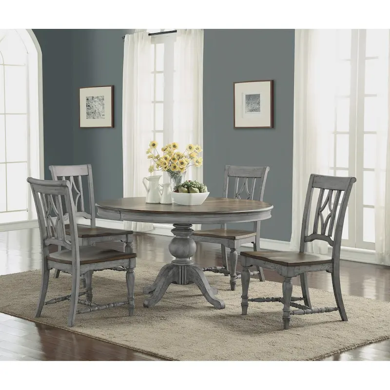 Gray and Brown Wood Pedestal Dining Table with Leaf - 54 Inch Expandable for 4-6 People