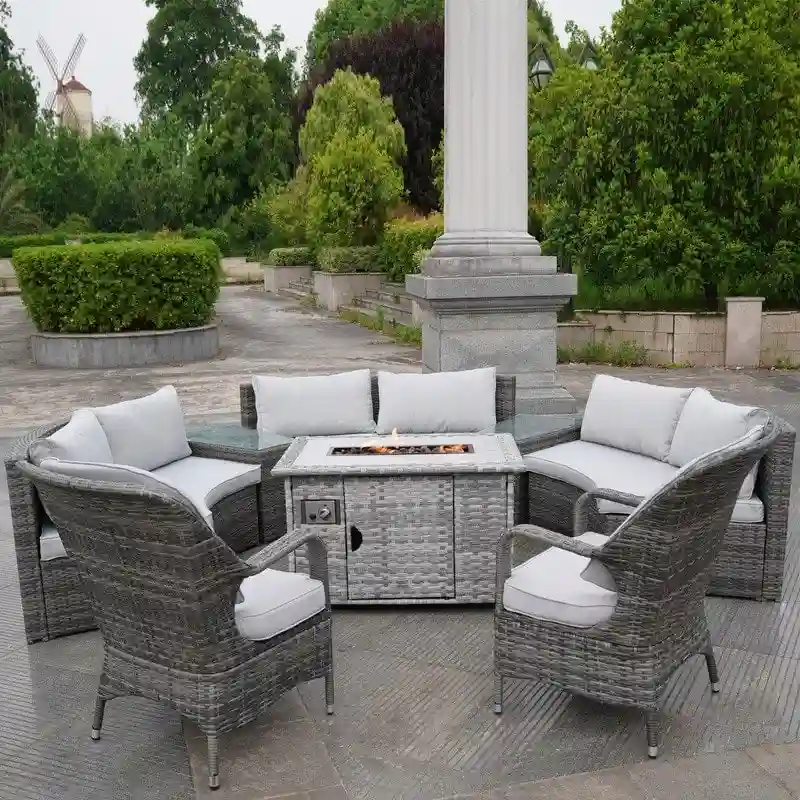 Patio Wicker Halfmoon Shape Sectional Sofa with Firepit and Chairs