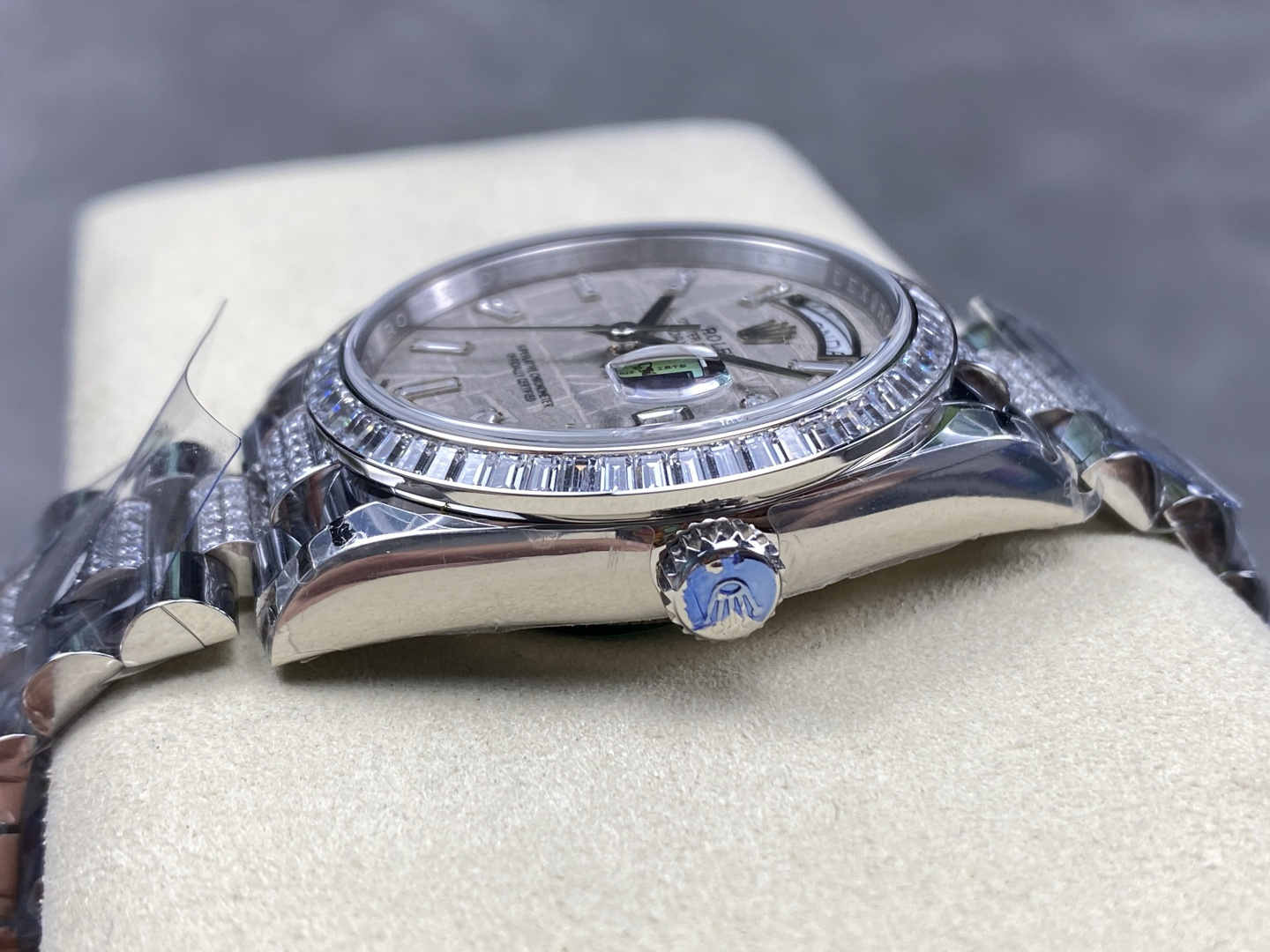 Rolex super clone side profile with crown and diamond bezel