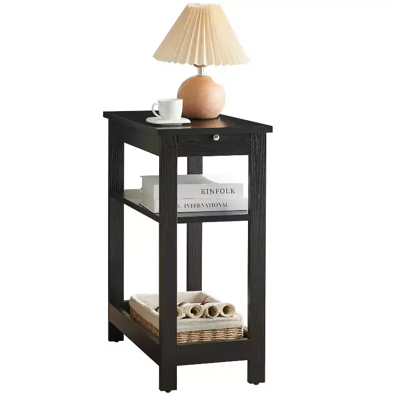 Kings Brand Furniture - Slim Wood Side End Table with Storage Shelves & Pull-Out Tray, Nightstand for Bedroom, Living Room