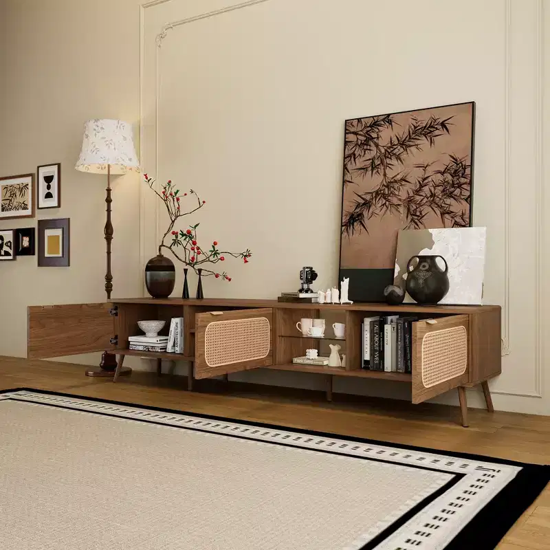 Mid Century TV Stand with Doors for 85 inch TV, Wood TV Storage Cabinet Table with Solid Wood Legs for Living Room, Walnut