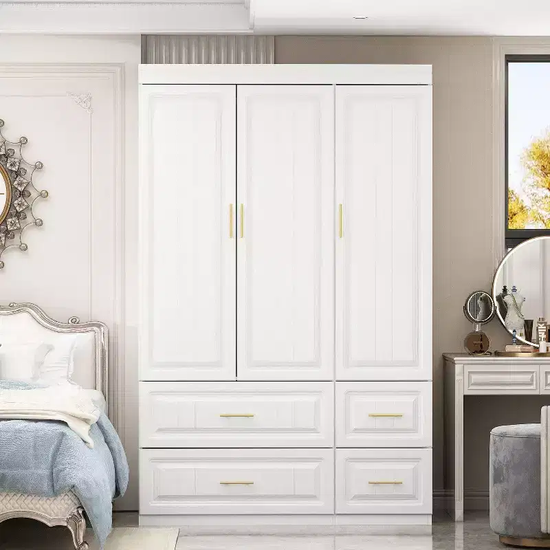 Hitow White Armoire Modern Minimalist Wardrobe Set Lines Pattern Gold Accessories