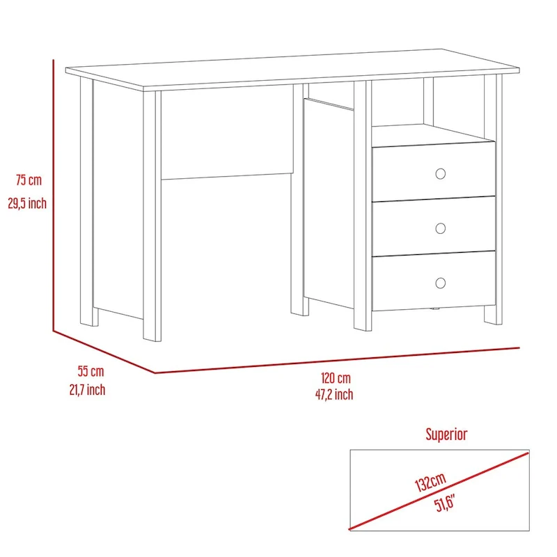 Freestanding Computer Desk with 3 Drawers and Open Shelf, Grey