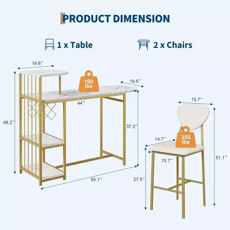 Acekool 3-Piece Dining Table Set for 2, Expandable Bar Table with Storage Shelves and Wine Rack, Small Kitchen Dining Set for Living Room
