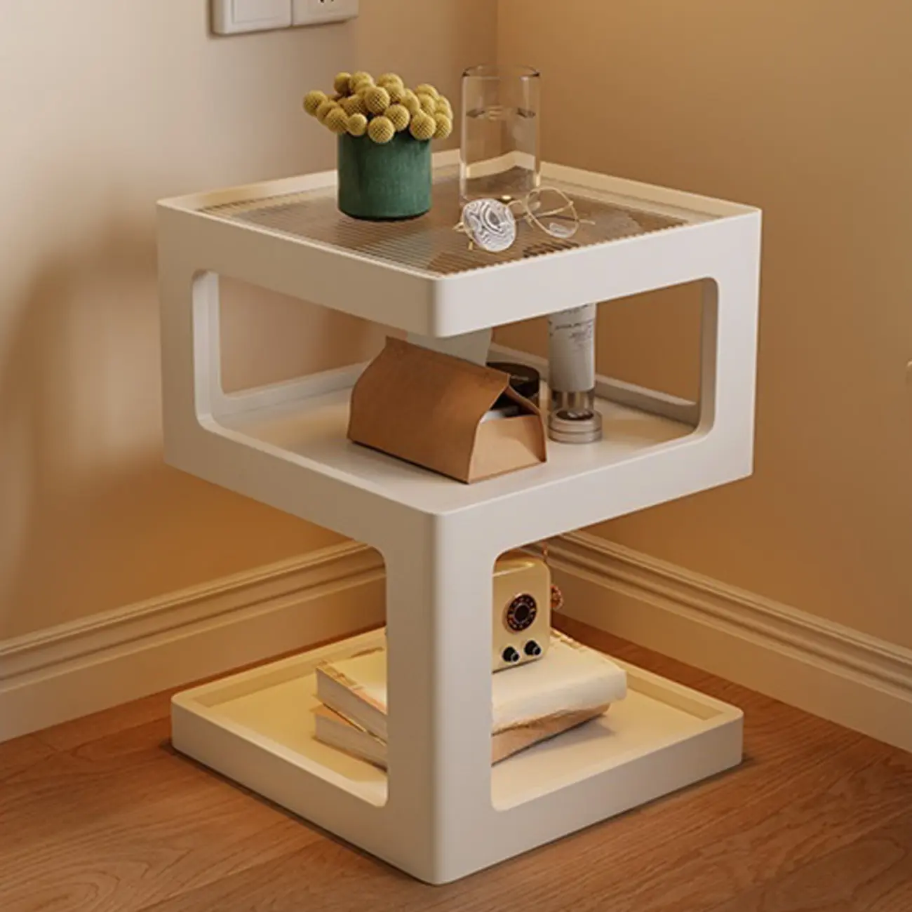 Narrow Wood and Glass Nut-Brown Shelves Nightstand with Light