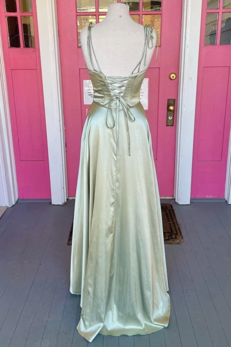 Simple Satin Long A-Line Prom Dress Spaghetti Straps Evening Dress