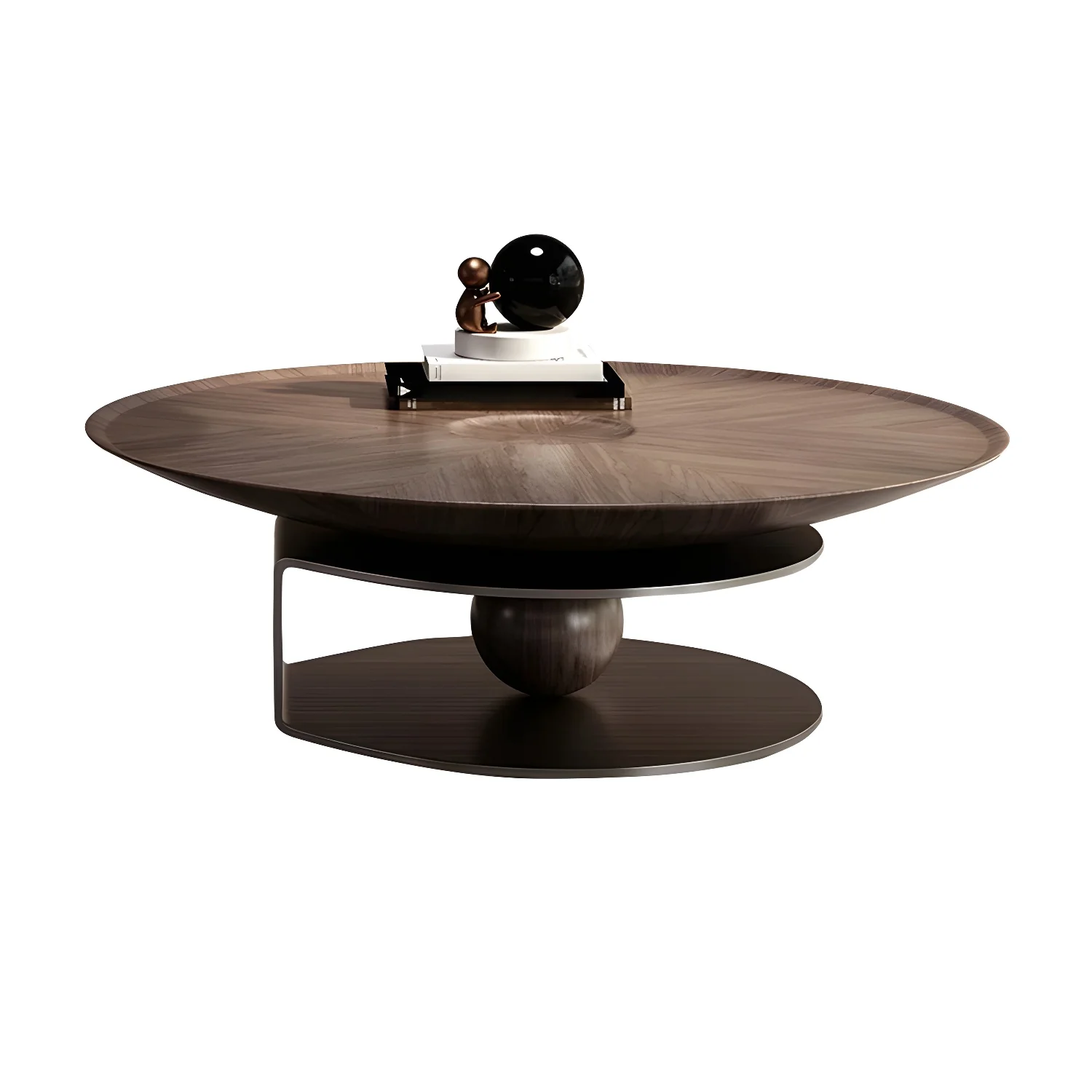 Brown Round Metal Base Wooden Coffee Table