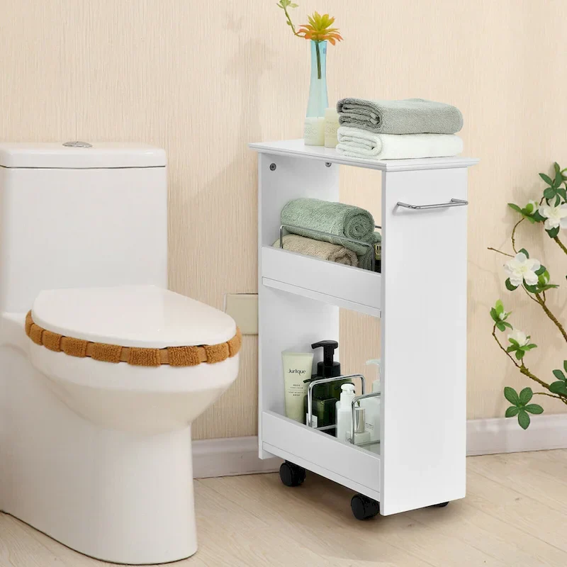 White Slim Rolling Storage Cart - 3-Tier Mobile Bathroom Cabinet