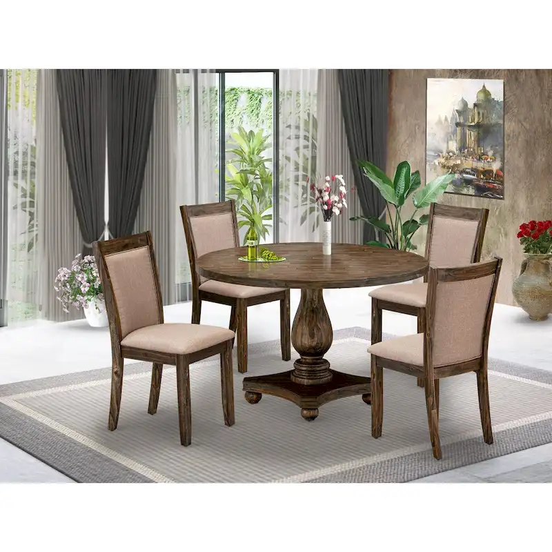 Kitchen Table Set- a Dining Table & Dark Khaki Linen Fabric Chairs, Distressed Jacobean (Pieces Option)