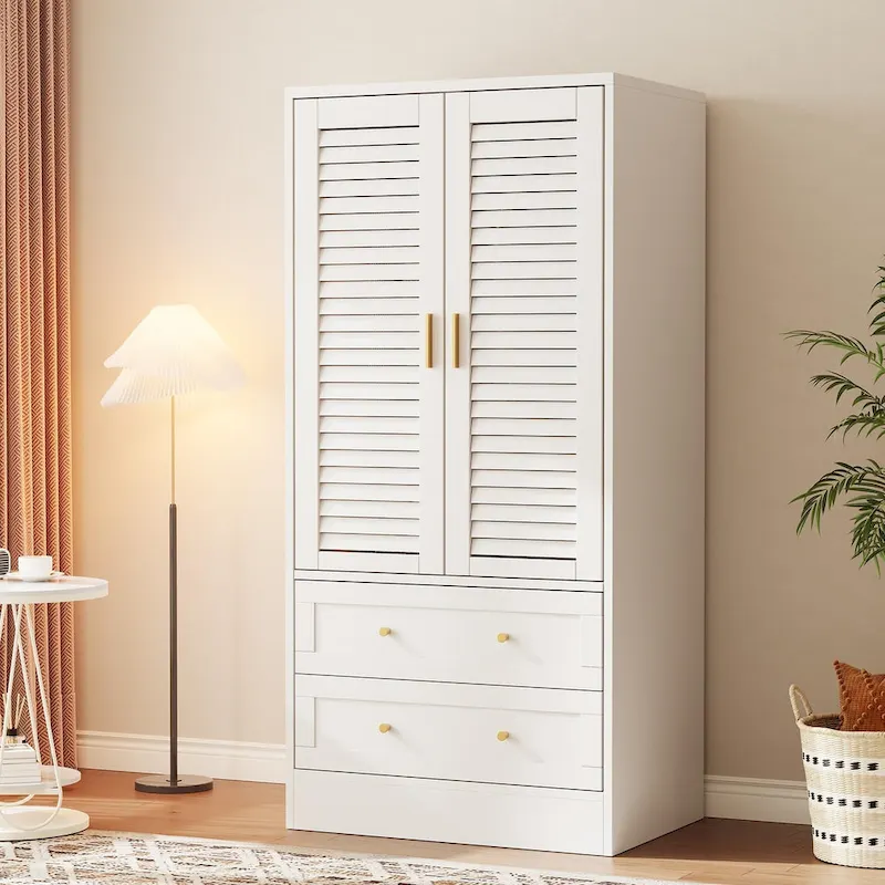 Tall Wardrobe Closet with 2 Shutter Doors, Hanging Rod and 2 Drawers