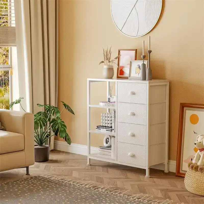White / Rustic Brown / Black 4-Drawer Dresser with 3-Tier Side Shelf, 1-2 Person