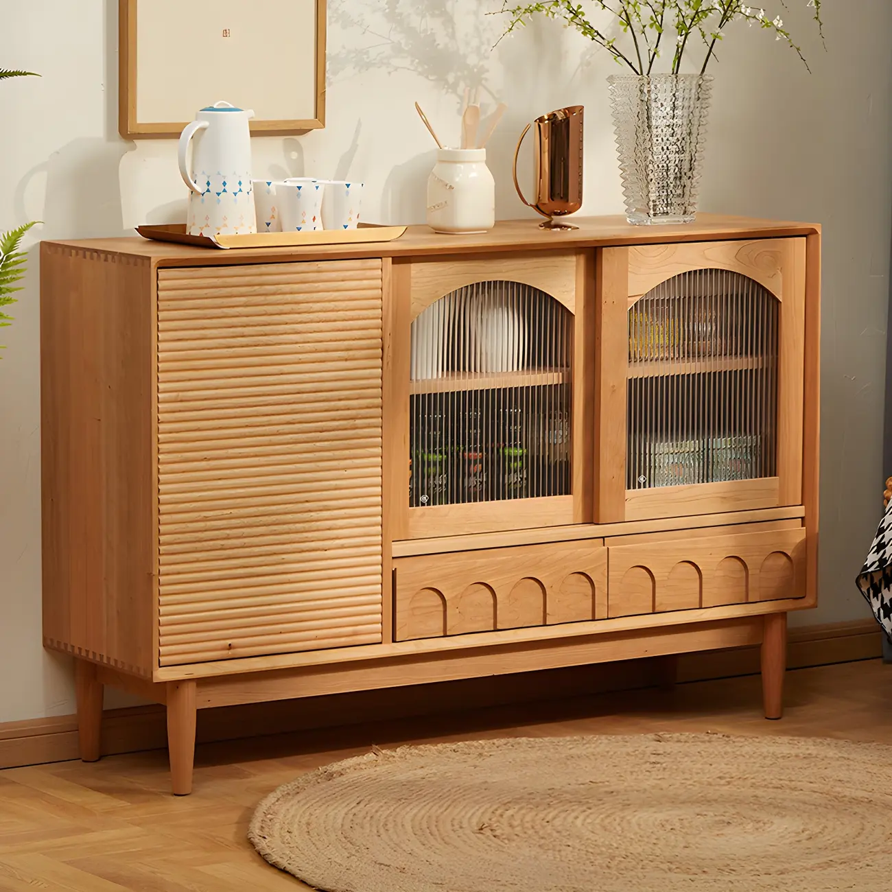 Scandinavian Yellow Wooden Sideboard with Cabinets
