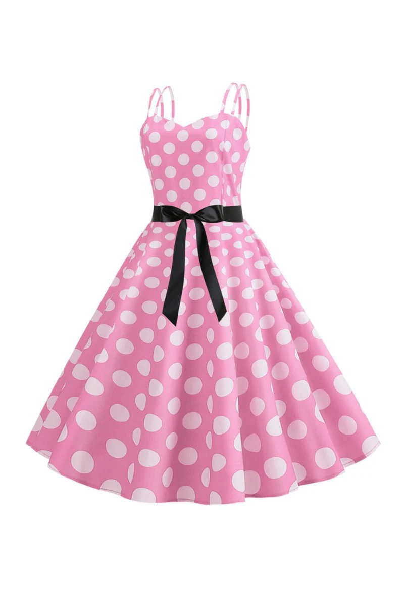 Pink Polka Dots Spaghetti Straps 1950s Dress With Bow
