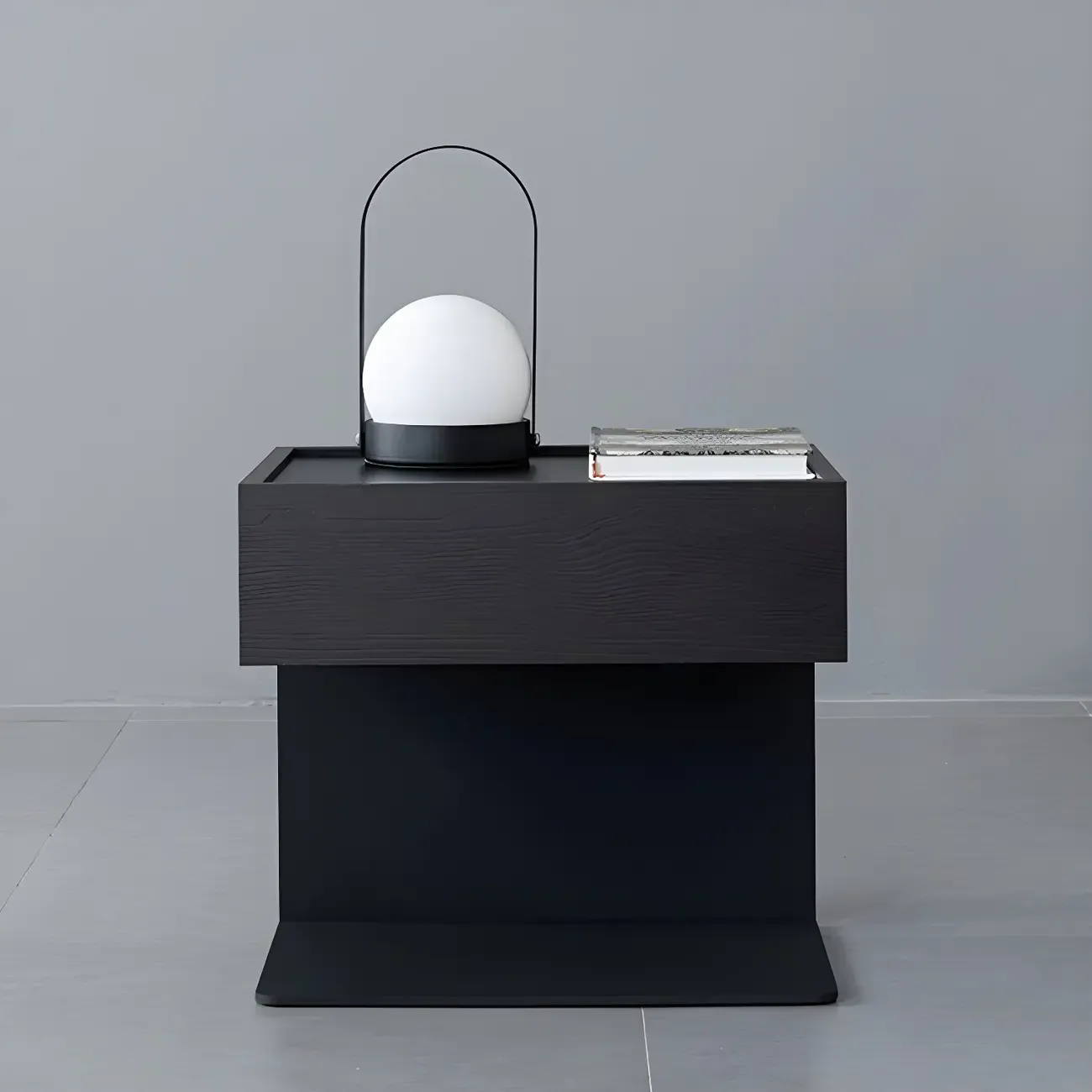 Black Steel Wood C-Shaped Drawer Nightstand with Light