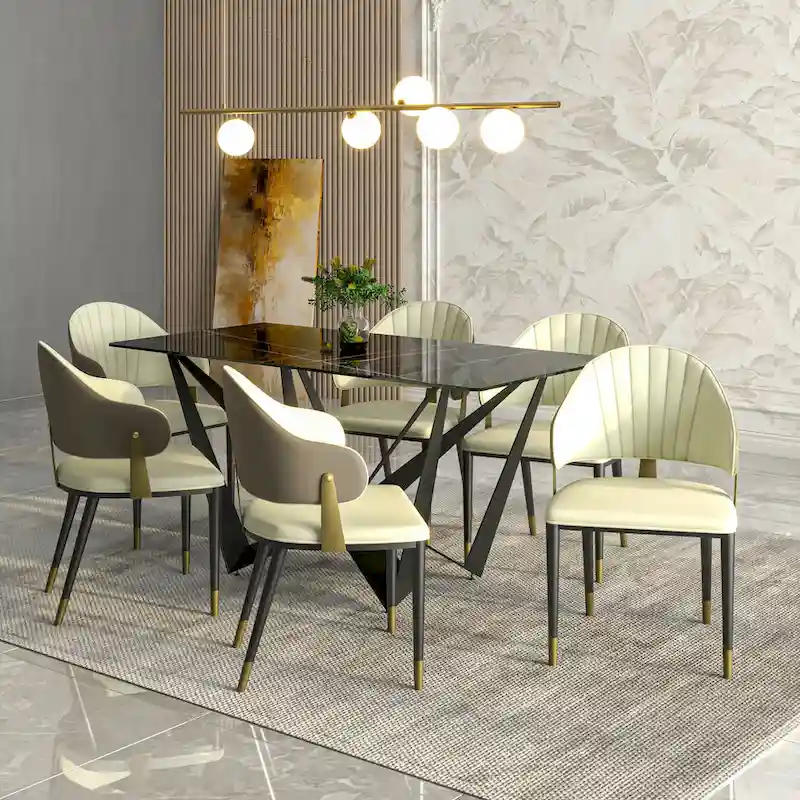 Leather Dining Chair in Iron with Gold Accents Design Modern Ergonomic Side Chair