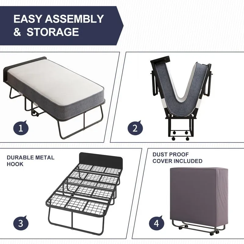 Space Saving Fold up Bed with Mattress & Wheels