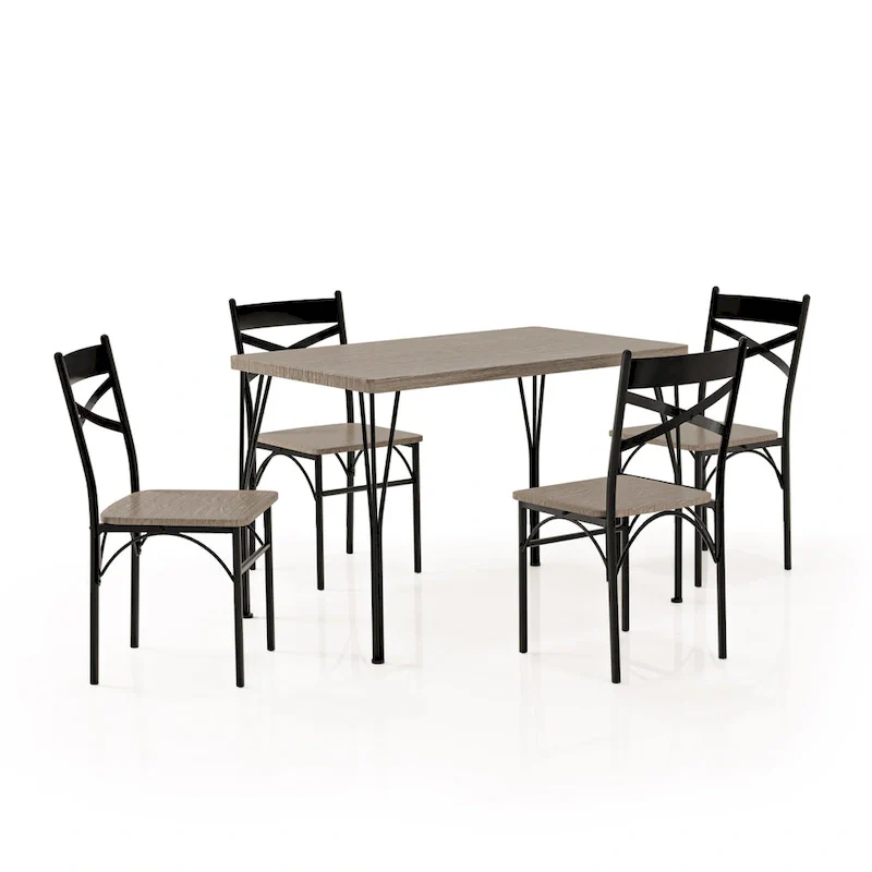 Industrial Metal Dining Table with 4 Chairs - Grey/Brown/Natural