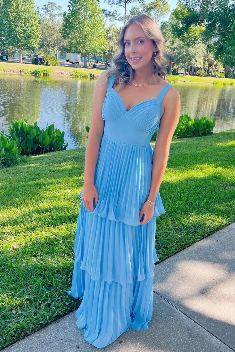 Blue Sweetheart A-Line Chiffon Pleated Long Prom Dresses With Ruffles