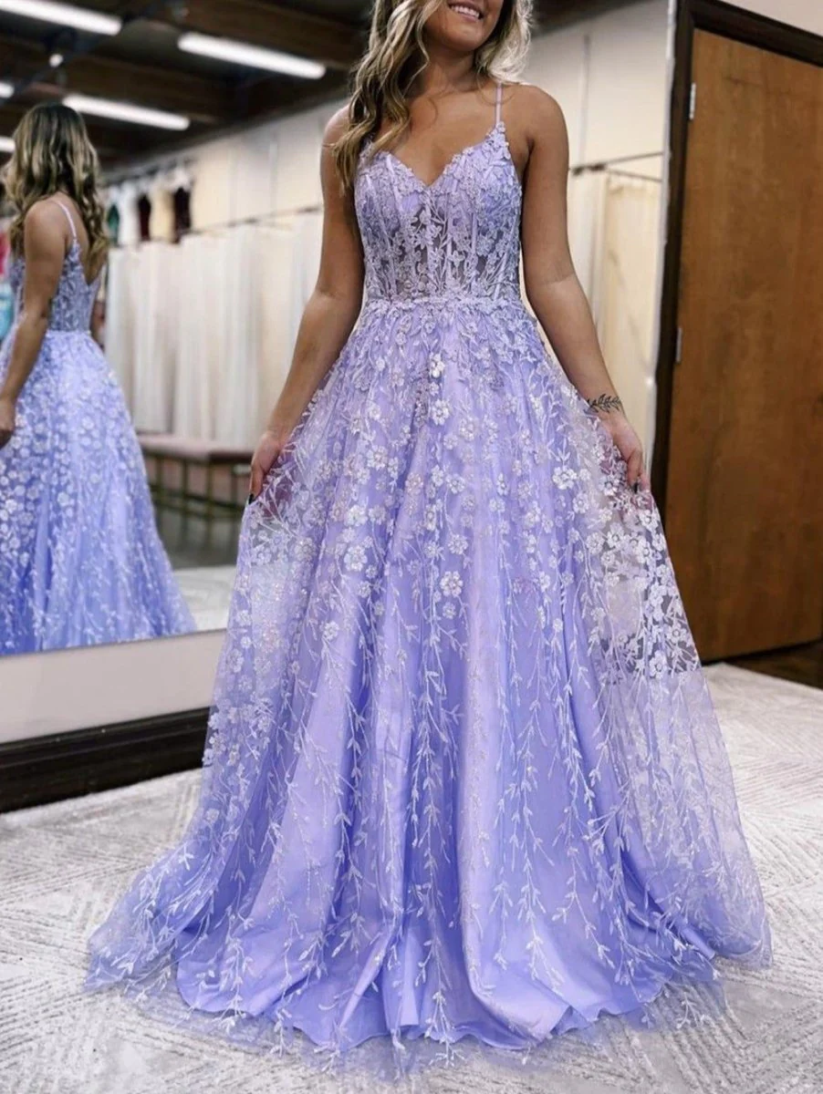 A Line Spaghetti Straps Lilac Corset Prom Dress with Appliques