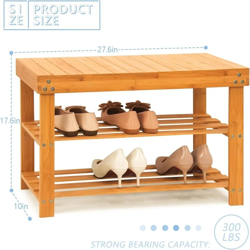 Bamboo Shoe Rack Bench - 27.6D x 10W x 17.6H