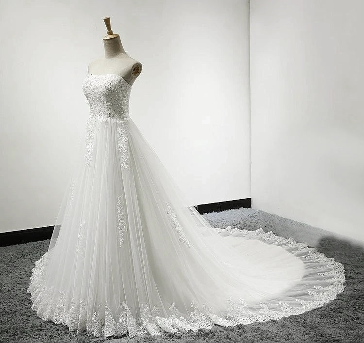 Strapless Tulle Wedding Dress With Lace Bodice Court Train