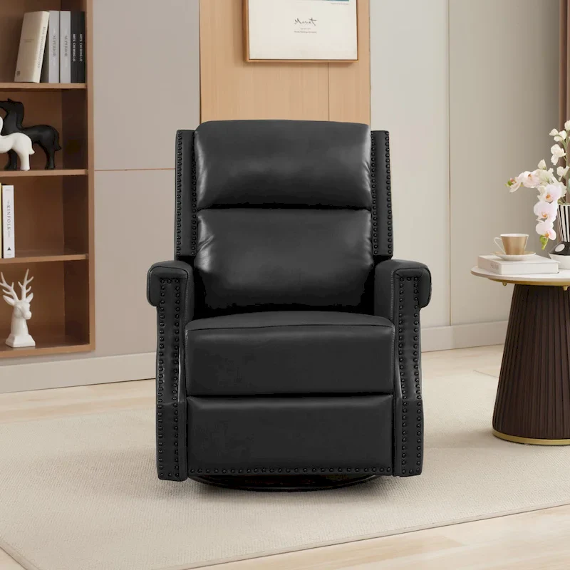 Genuine Leather Manual Rocking Recliner with 360-degree Metal Swivel Base