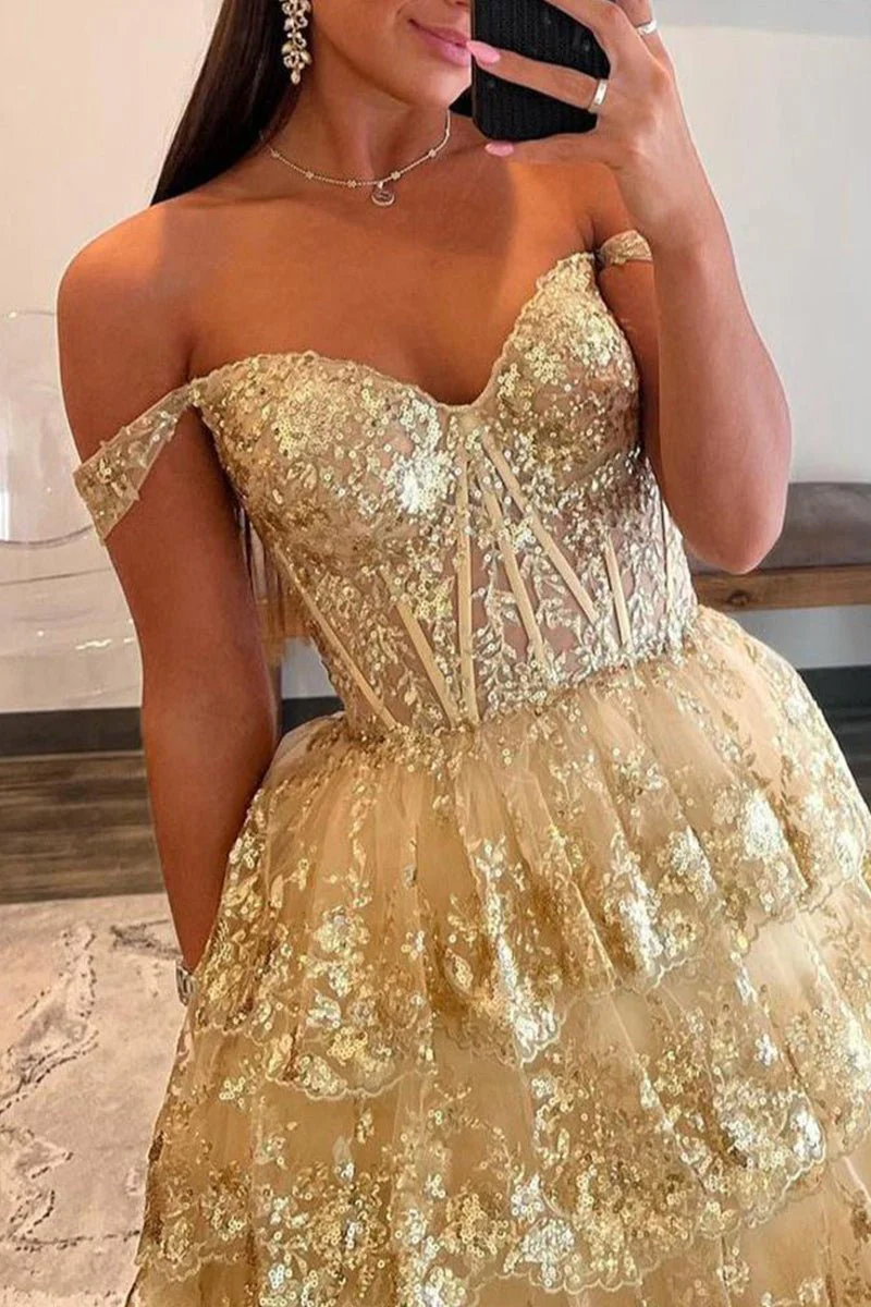Princess Off the Shoulder Sequined Lace Prom Dress
