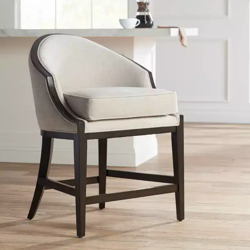 55 Downing Street Jasper Truffle Wood Bar Stool Brown 25 High Modern Oatmeal Fabric Cushion with Backrest Footrest for Kitchen Counter Height Island