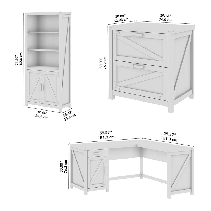 60W L-Desk with File Cabinet and Bookcase