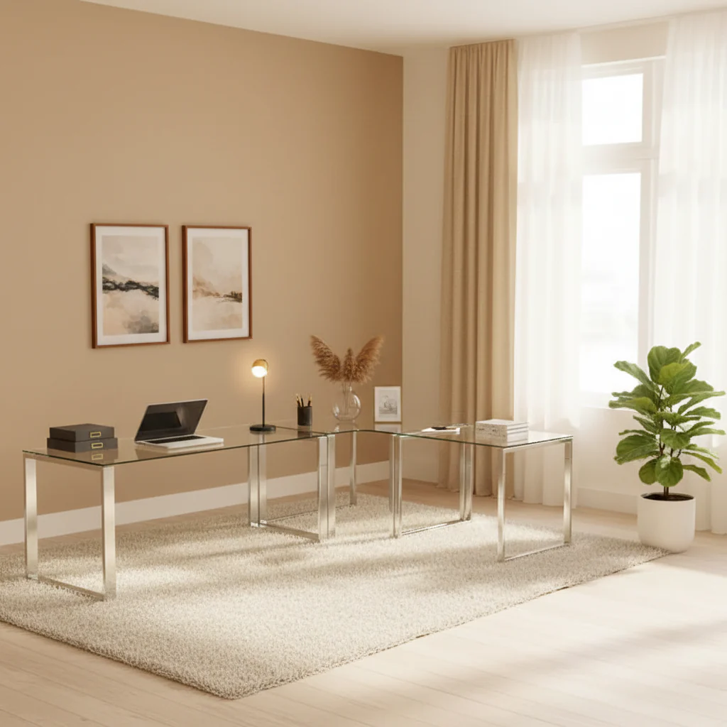 Contemporary L-Shaped Glass & Steel Computer Desk