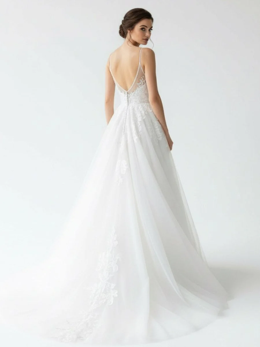 Spaghetti Straps White A Line Tulle Wedding Dresses with Lace Appliques
