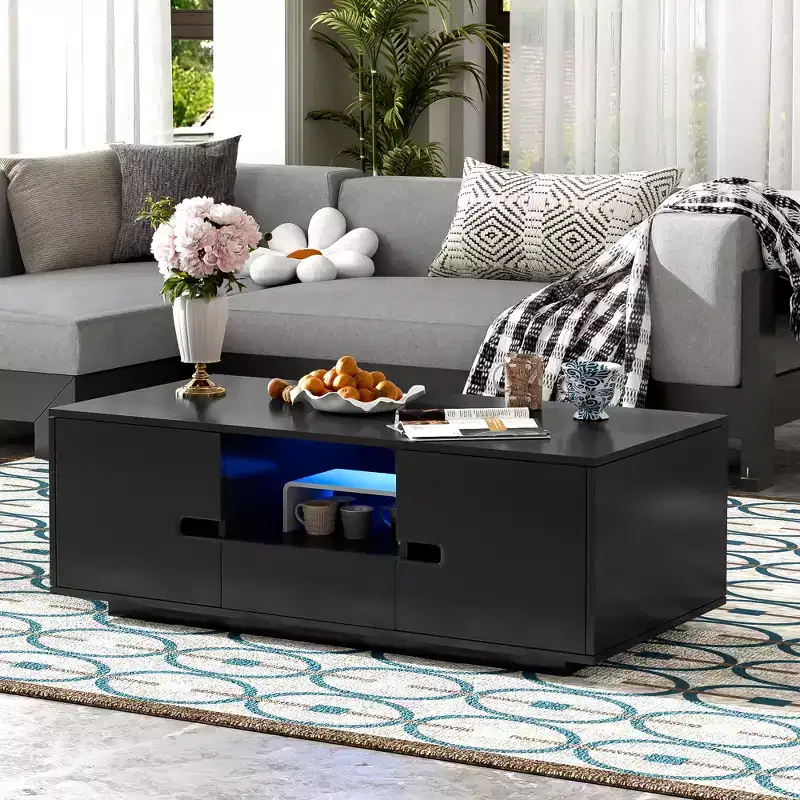 Modern High-Gloss Rectangular Coffee Table with Storage Space and 16-Color LED Lighting, Making it a Perfect Choice for Living Room Decorate