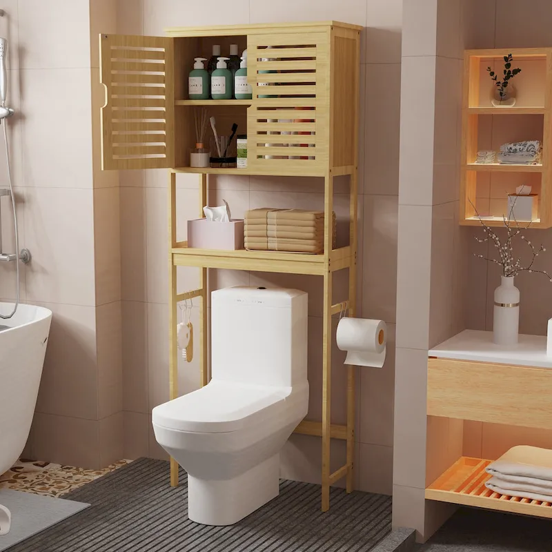 Over The Toilet Storage Bamboo Toilet Rack With Open Shelf and Cabinet