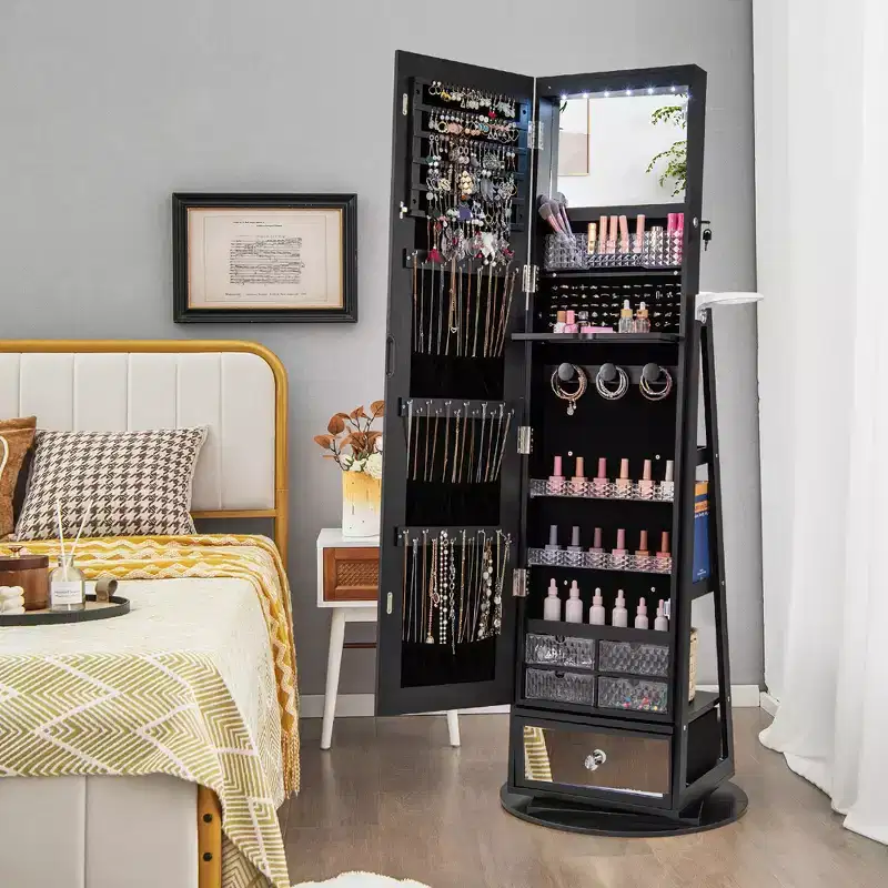 Costway 360 Swivel Jewelry Cabinet w/ Mirror Jewelry Storage Organizer Built-in Lights Black