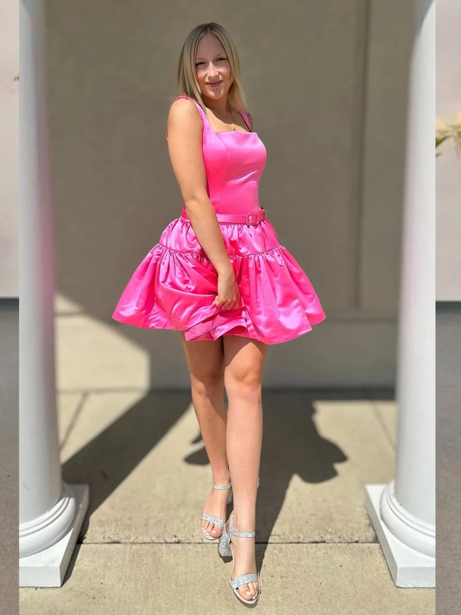 Hot Pink - Square Neck Satin A-Line Homecoming Dress With Ruffles