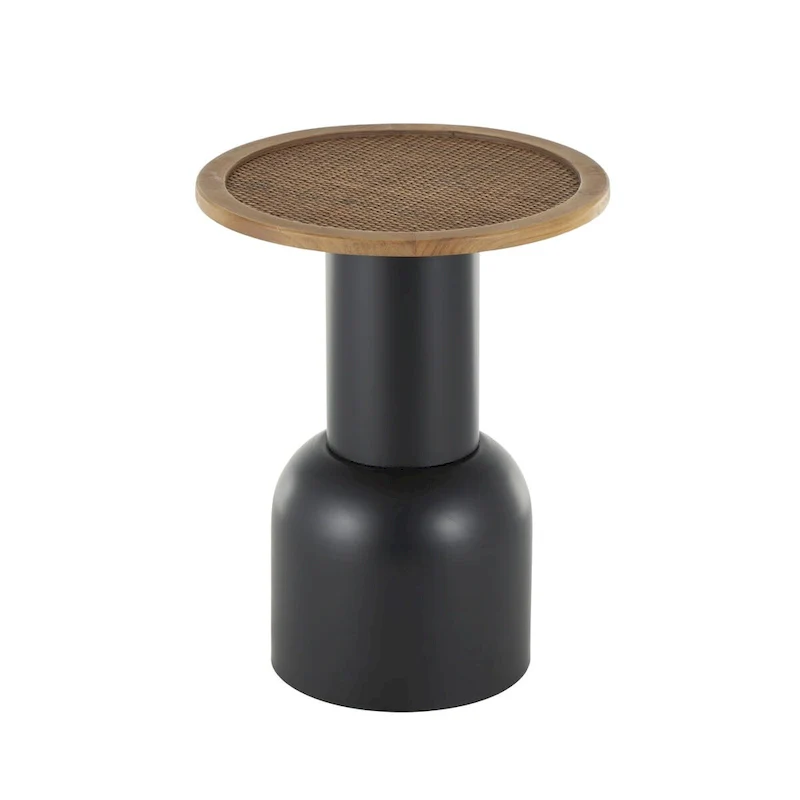 Metal Handmade Pedestal Side End Accent Table with Brown Rattan Tabletop - Black