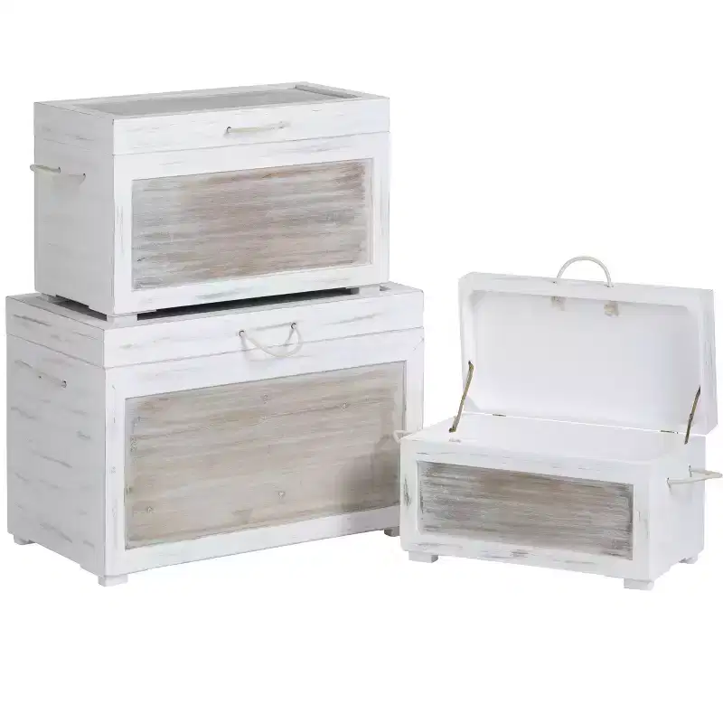 Crestview Collection 3 Piece White Solid Wood Storage Trunk Set