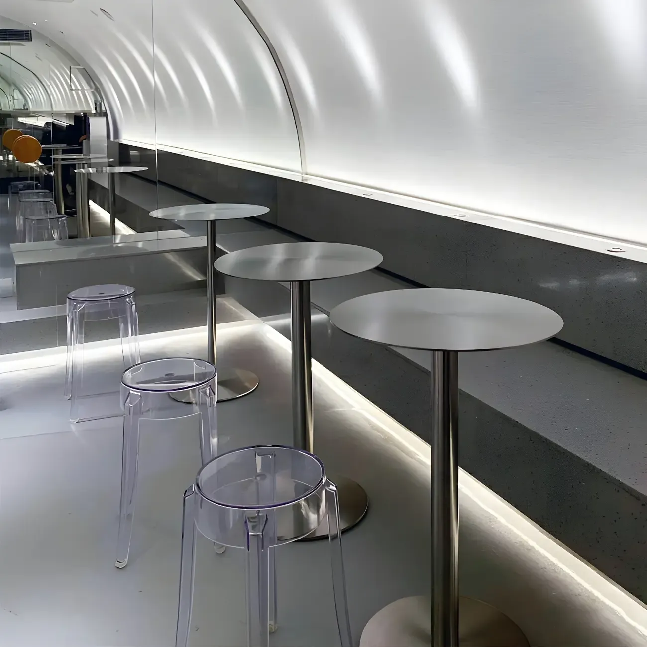 Industrial Silver Metal Pedestal Round Bar Tables