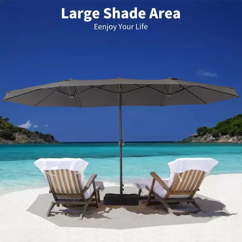 Double-Sided Patio Umbrella with Base - 15FT Rectangle Outdoor Canopy - Easy Crank, Heavy Duty Sun Shade for Garden, Pool, Deck, Lawn, Market, Beige