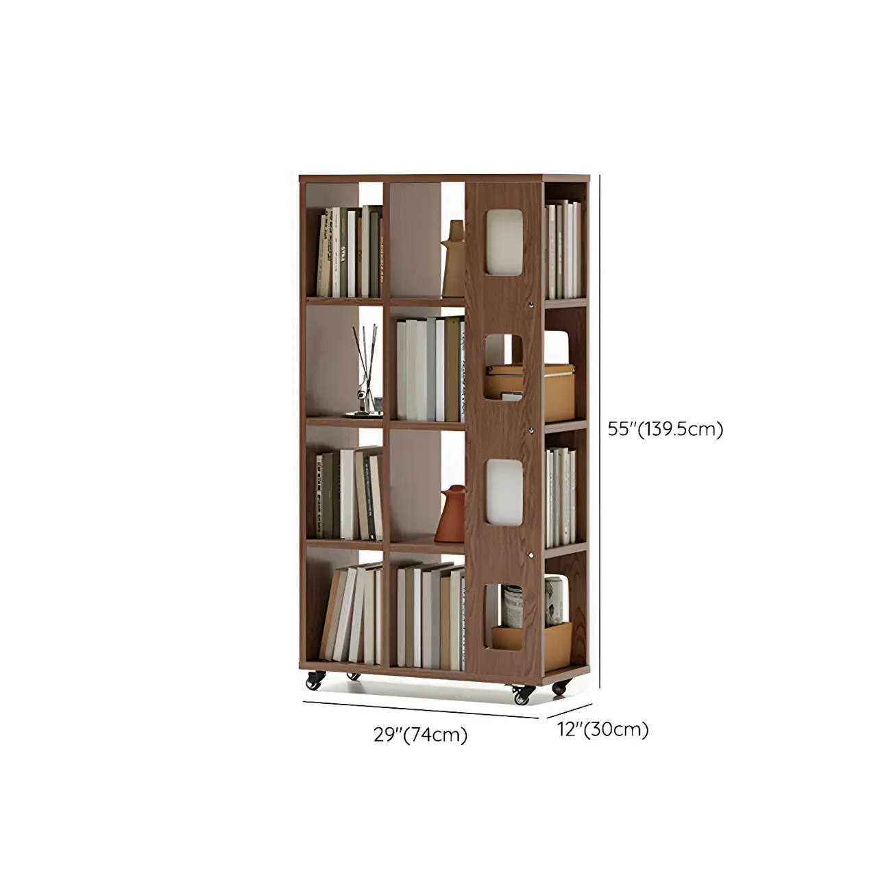 Mid-Century Nut-Brown Wood 5-Tier Bookcase on Wheels