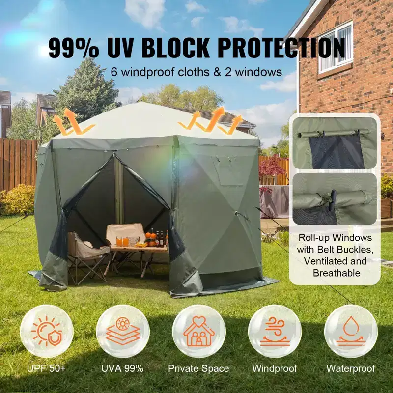 Pop Up Gazebo Screen Tent 10x10 FT 6-Sided Canopy Shelter with Removable Privacy Wind Cloths and Mesh