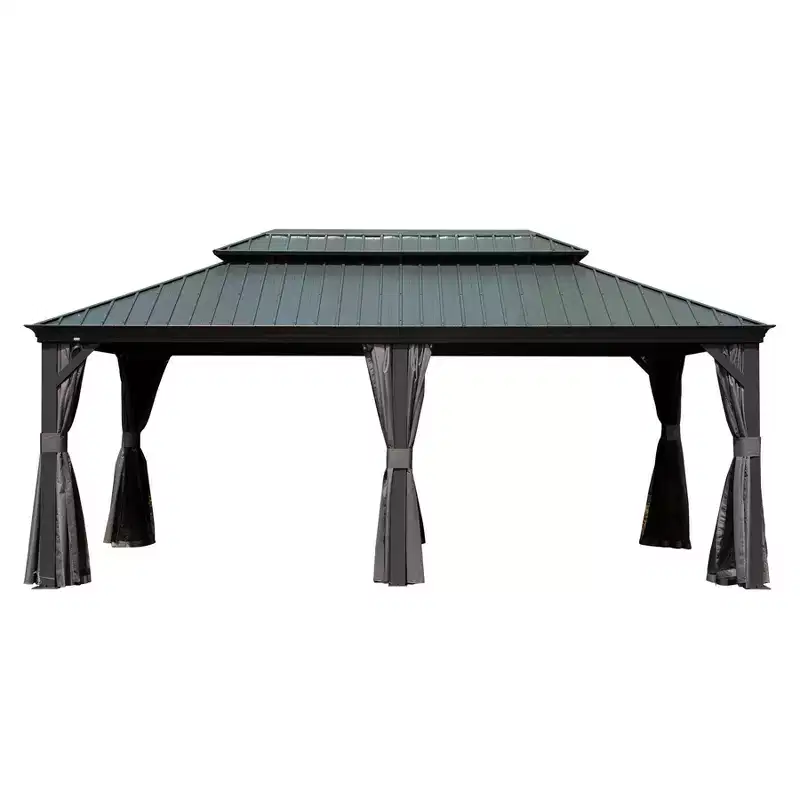 Clihome 12'x 20' Hardtop Gazebo Grey - Aluminum Frame Double Roof with Curtains & Netting