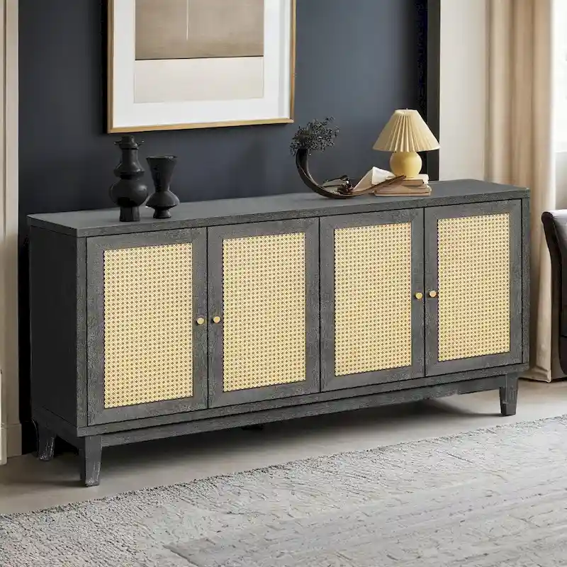 Handcrafted Premium Grain Panels,Rattan Sideboard Buffer Cabinet,Accent Storage Cabinet With 4 Rattan Doors