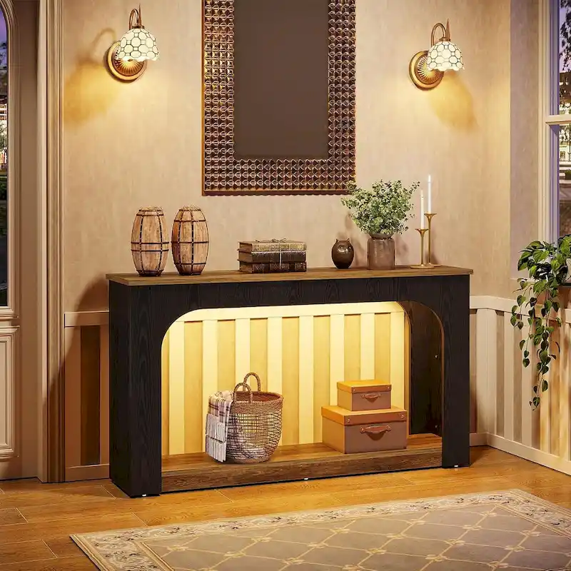 55 Inches Console Sofa Table Wood Entryway Table with LED Lights
